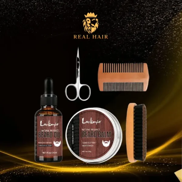 Pack de Cuidado de Barba Básico – Kit con Aceite, Bálsamo, Cepillo, Peineta y Tijera