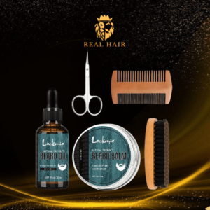 Kit de Cuidado para Barba Lockmio – Beard Oil + Beard Balm Sin Olor, Cepillo, Peineta y Tijera