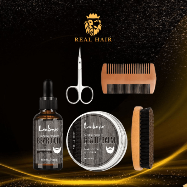 Kit de Cuidado para Barba Lockmio Aroma Vainilla – Beard Oil y Beard Balm, Cepillo, Peineta y Tijera